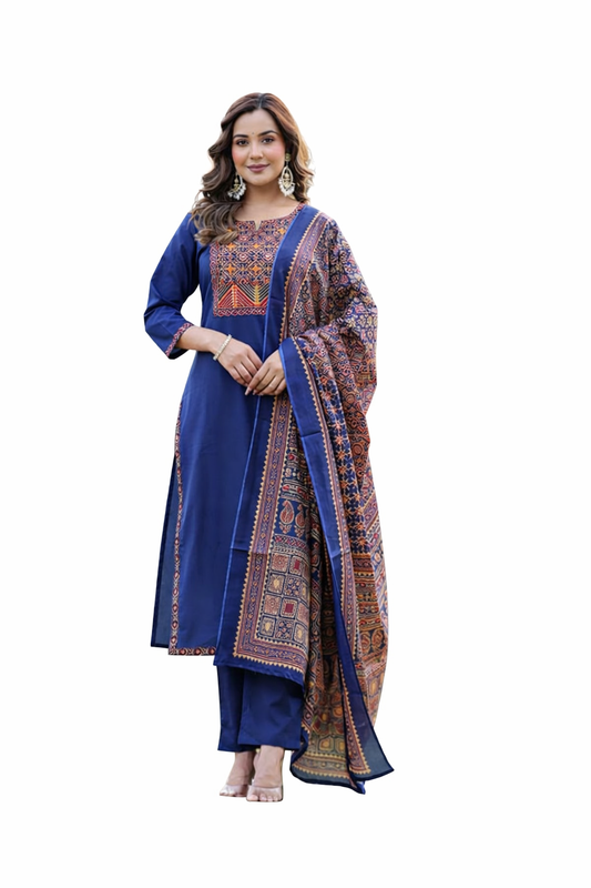Ruaati Women Navy Blue Embroidered Kurta Set with Printed Dupatta