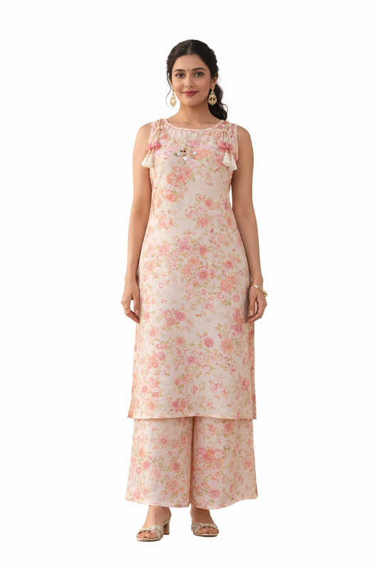 Ruaati Women Elegant Pastel Floral Mul Cotton Suit Set with Palazzo Pant for Casual Daily Wear