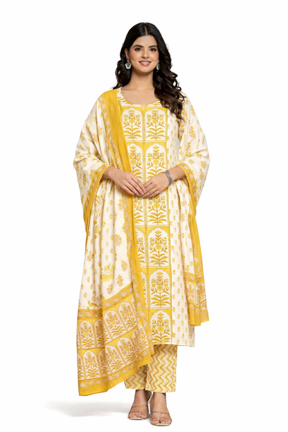 Ruaati Women Cotton Sequence Work & Print Kurta Pant Dupatta Suit Set for Office Wear
