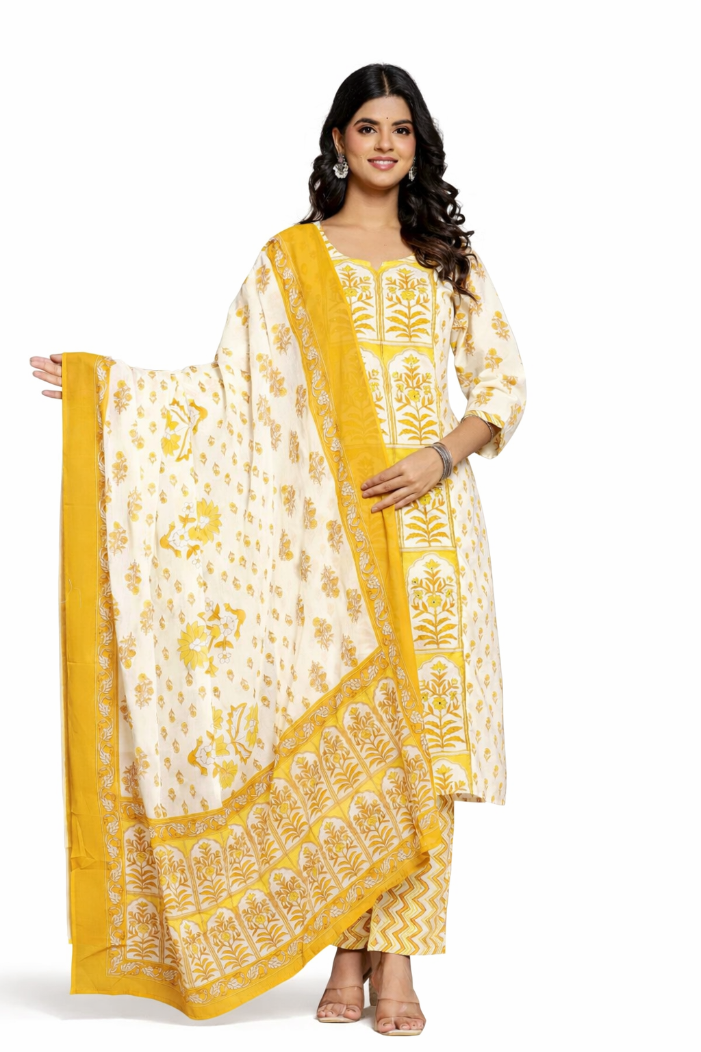 Ruaati Women Cotton Sequence Work & Print Kurta Pant Dupatta Suit Set for Office Wear