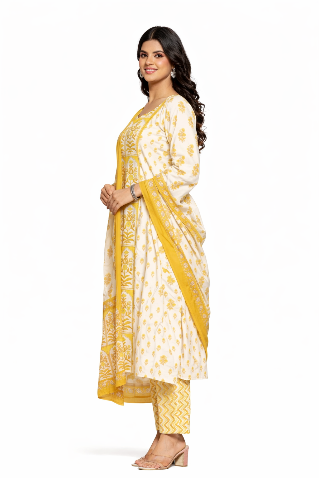 Ruaati Women Cotton Sequence Work & Print Kurta Pant Dupatta Suit Set for Office Wear