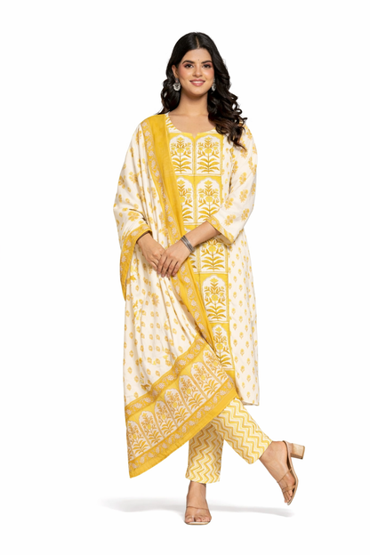 Ruaati Women Cotton Sequence Work & Print Kurta Pant Dupatta Suit Set for Office Wear