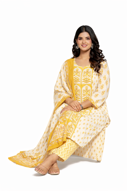 Ruaati Women Cotton Sequence Work & Print Kurta Pant Dupatta Suit Set for Office Wear
