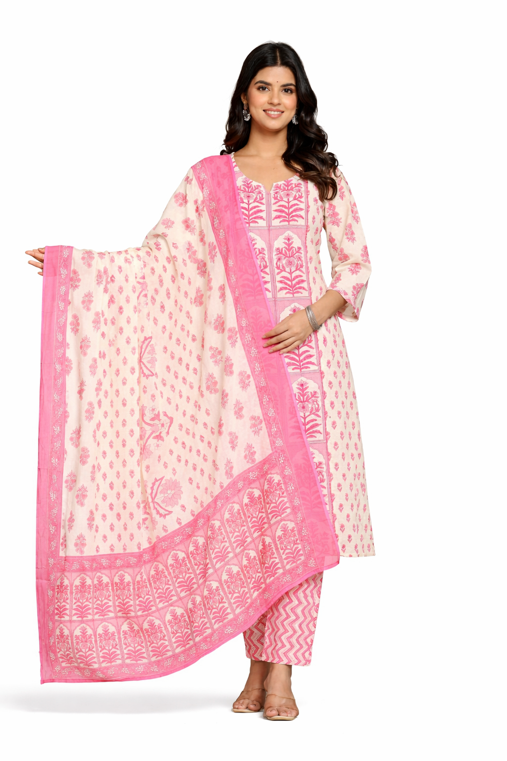 Ruaati Women Cotton Sequence Work & Print Kurta Pant Dupatta Suit Set for Office & Daily Wear