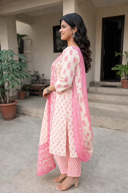 Ruaati Women Cotton Sequence Work & Print Kurta Pant Dupatta Suit Set for Office & Daily Wear