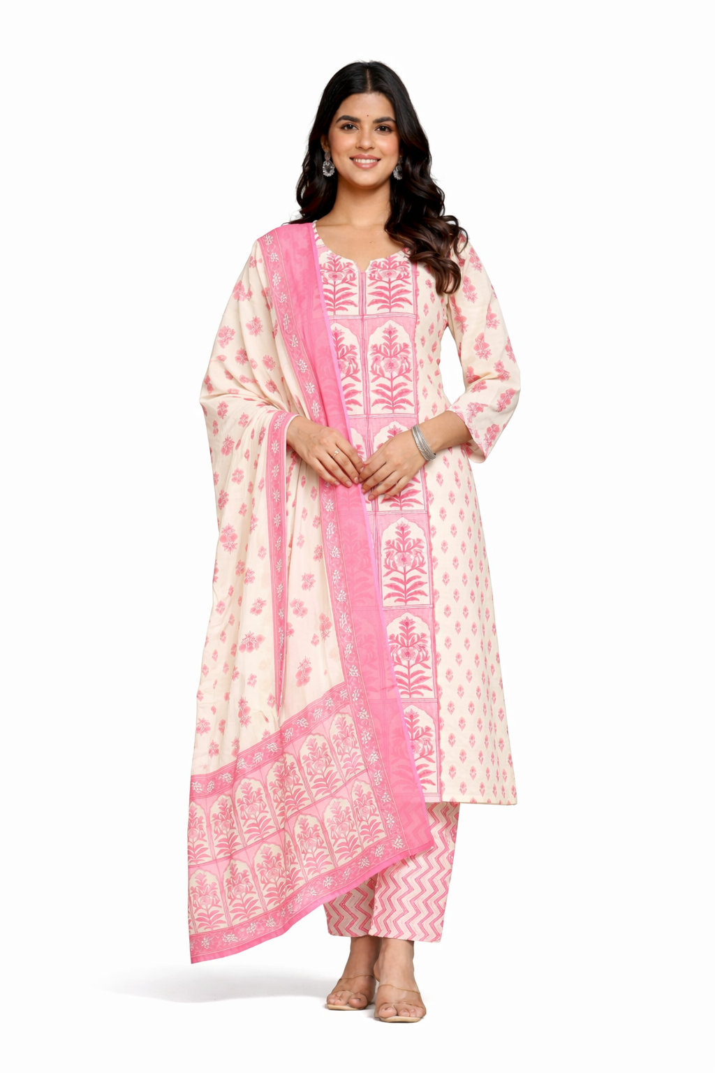 Ruaati Women Cotton Sequence Work & Print Kurta Pant Dupatta Suit Set for Office & Daily Wear