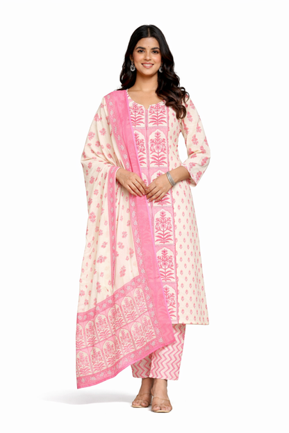 Ruaati Women Cotton Sequence Work & Print Kurta Pant Dupatta Suit Set for Office & Daily Wear