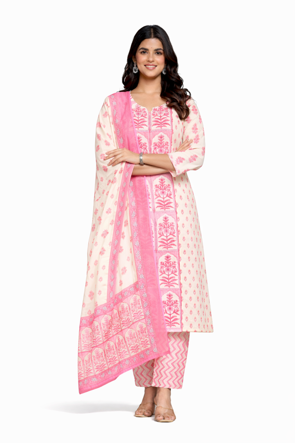 Ruaati Women Cotton Sequence Work & Print Kurta Pant Dupatta Suit Set for Office & Daily Wear