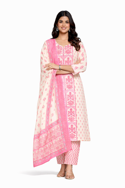 Ruaati Women Cotton Sequence Work & Print Kurta Pant Dupatta Suit Set for Office & Daily Wear