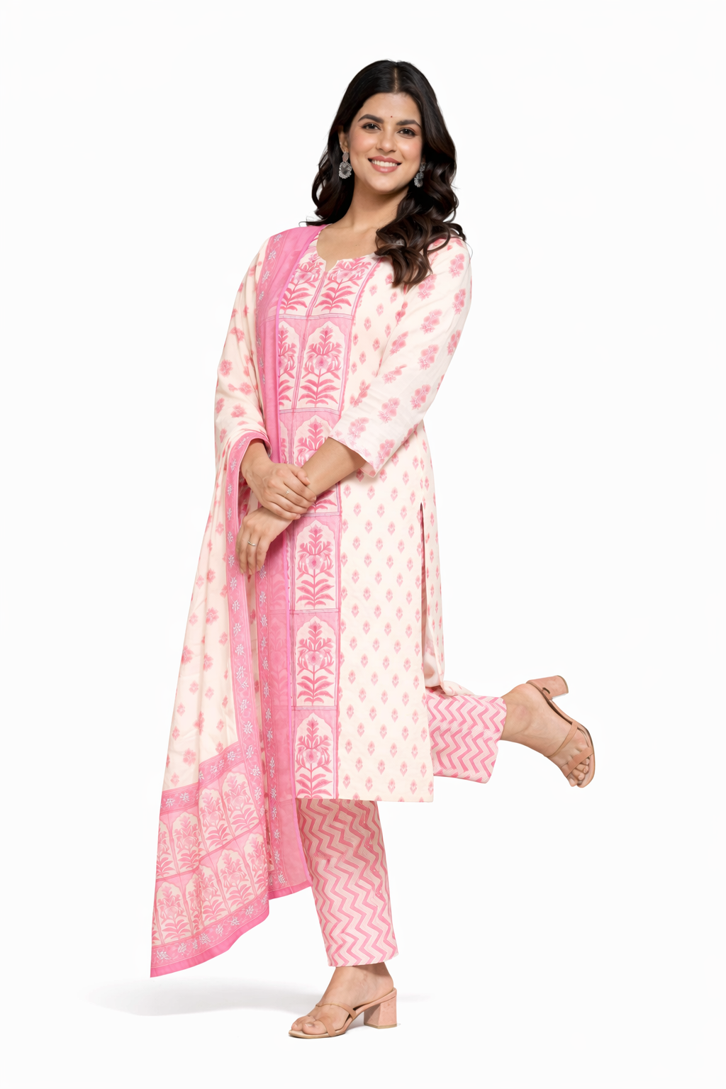 Ruaati Women Cotton Sequence Work & Print Kurta Pant Dupatta Suit Set for Office & Daily Wear
