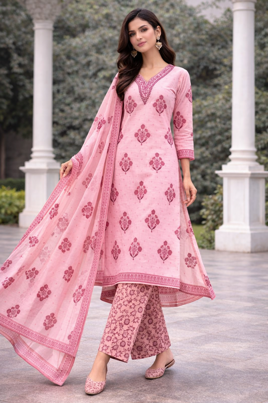 Ruaati Women Elegant Pink Floral Printed Cotton Kurta Pant Dupatta Set for Daily & Office Wear