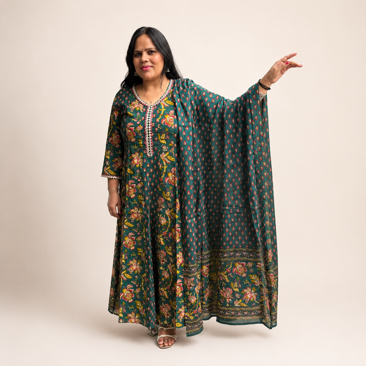 Ruaati Women Mul Cotton Elegant Green Floral Printed Kurta Pant Set with Dupatta