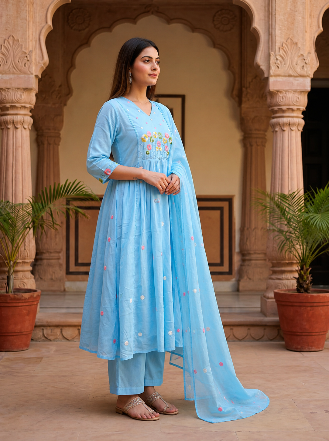 Ruaati Women Mul Cotton Blue Embroidered Kurta Set with Dupatta for Festive Wear