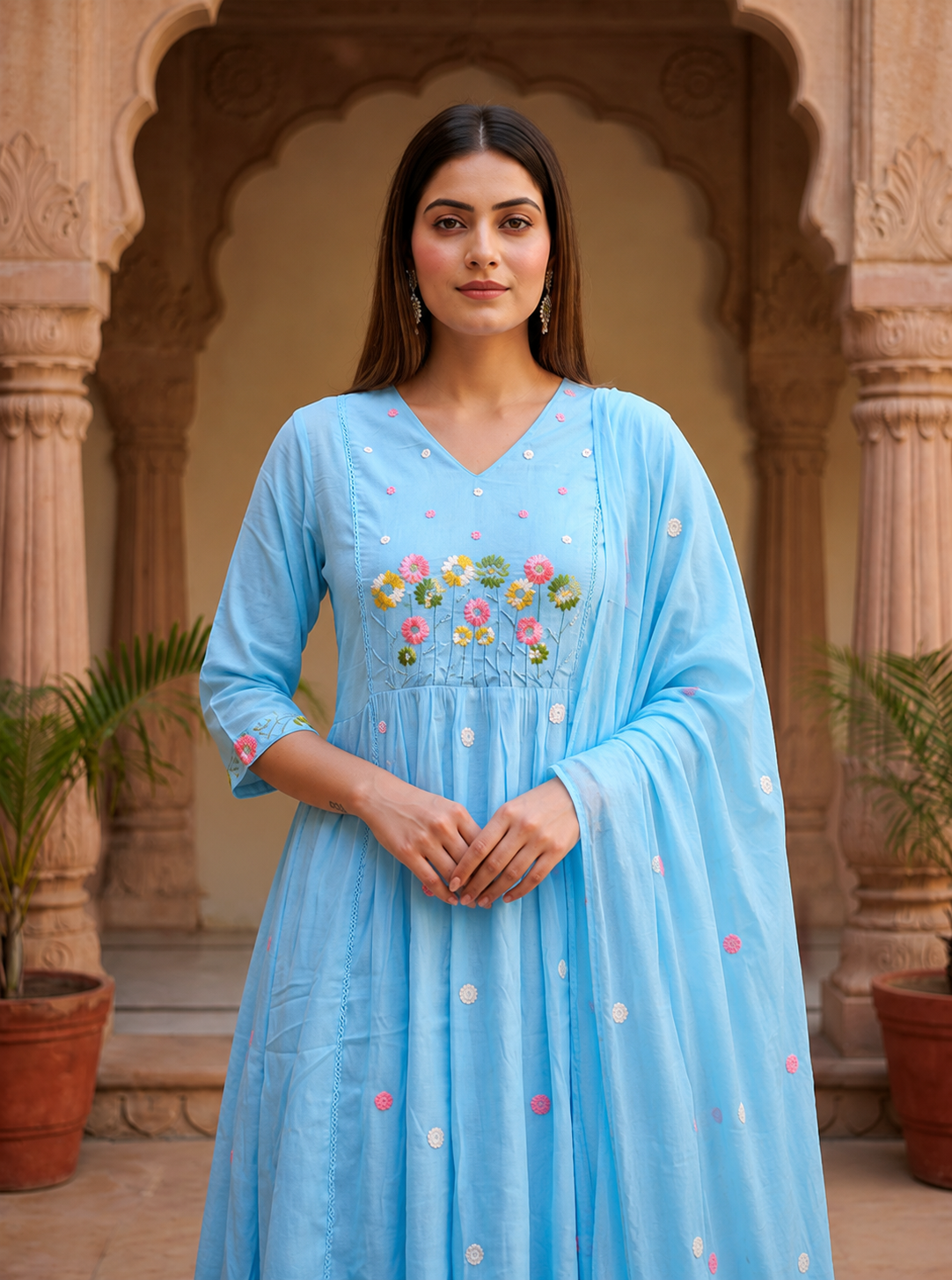 Ruaati Women Mul Cotton Blue Embroidered Kurta Set with Dupatta for Festive Wear