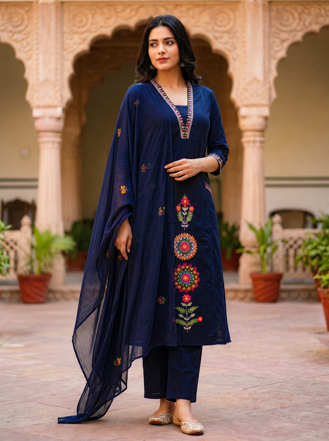 Ruaati Women's Navy Blue Embroidered Cotton Kurta Pant with Embroidered Dupatta | Ethnic Straight Kurta Set | Festive & Casual Wear