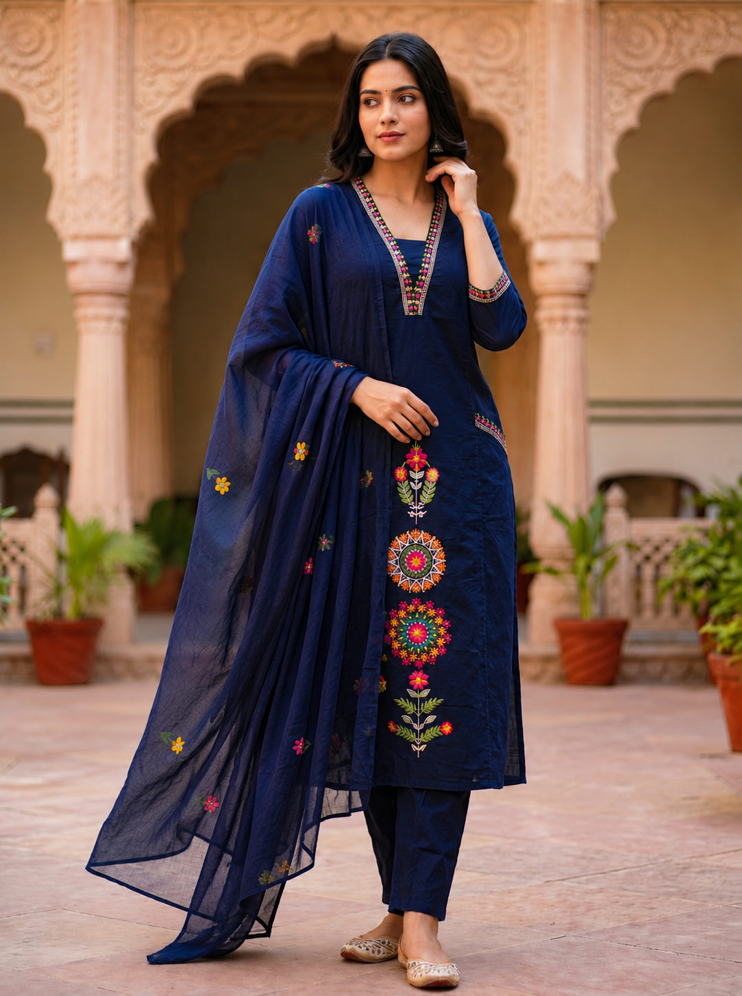 Ruaati Women's Navy Blue Embroidered Cotton Kurta Pant with Embroidered Dupatta | Ethnic Straight Kurta Set | Festive & Casual Wear