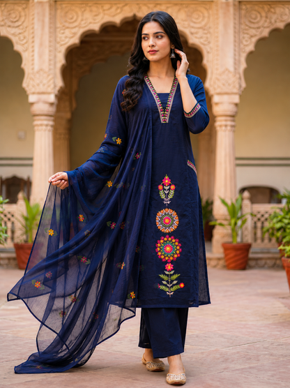 Ruaati Women's Navy Blue Embroidered Cotton Kurta Pant with Embroidered Dupatta | Ethnic Straight Kurta Set | Festive & Casual Wear