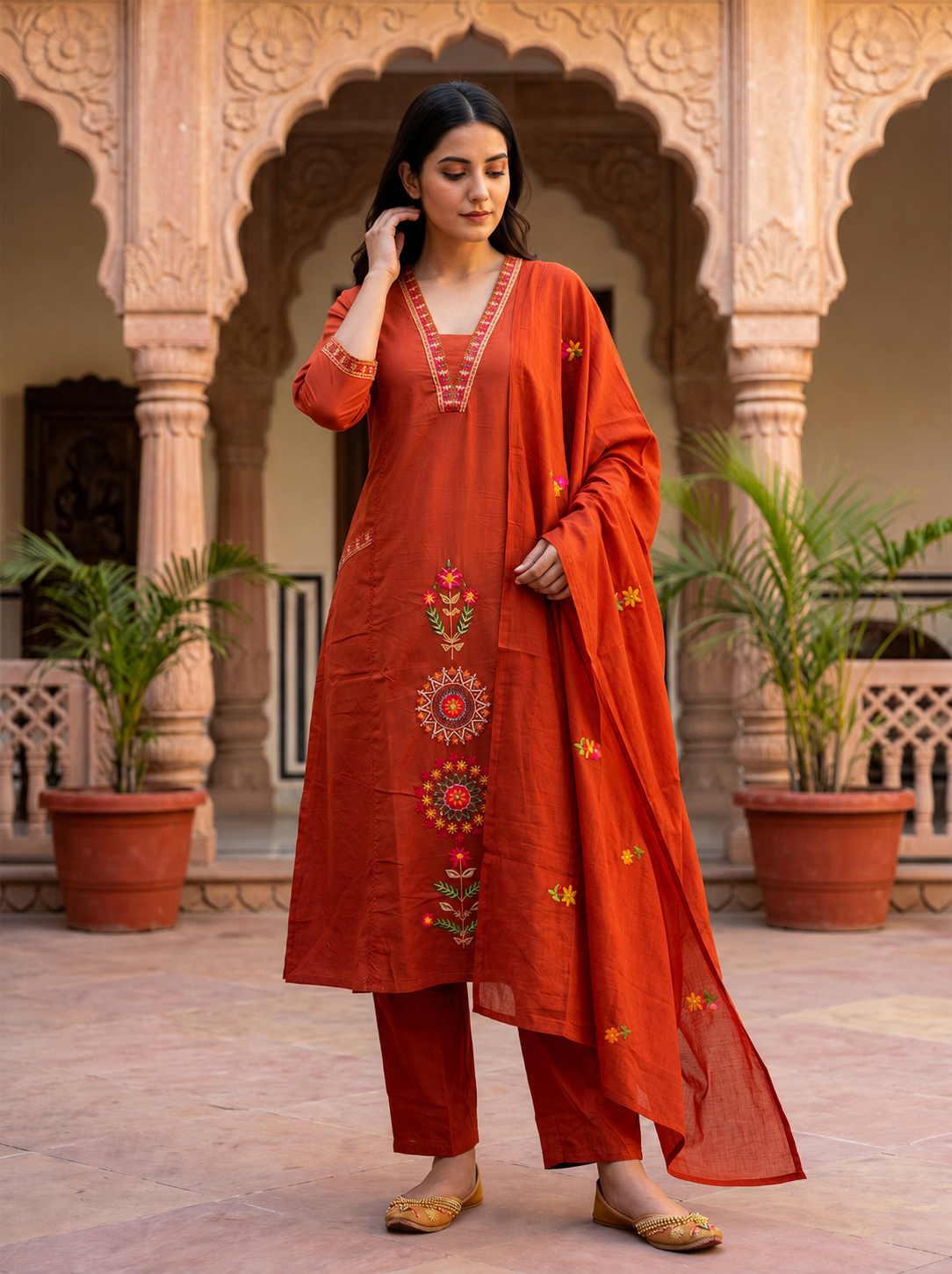 Ruaati Women's Rust Orange Embroidered Cotton Kurta Pant with Embroidered Dupatta | Straight Fit Ethnic Suit Set | Festive & Casual Wear