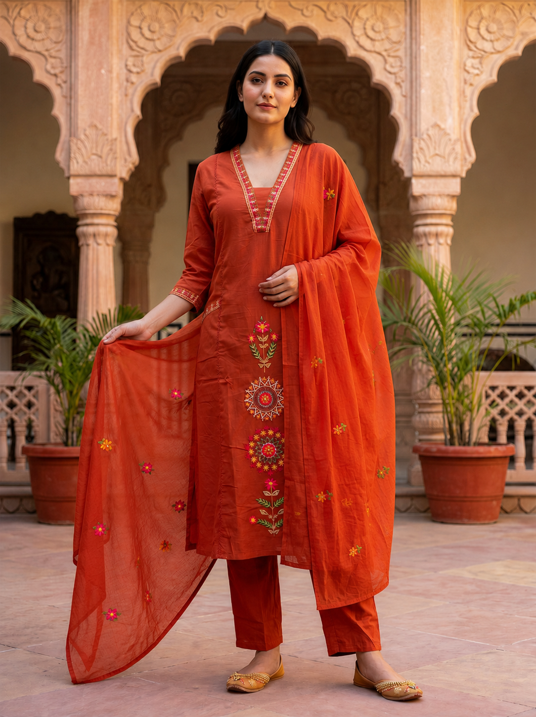 Ruaati Women's Rust Orange Embroidered Cotton Kurta Pant with Embroidered Dupatta | Straight Fit Ethnic Suit Set | Festive & Casual Wear