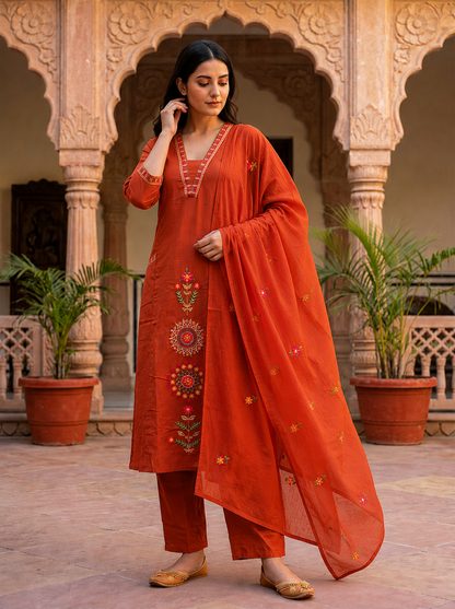 Ruaati Women's Rust Orange Embroidered Cotton Kurta Pant with Embroidered Dupatta | Straight Fit Ethnic Suit Set | Festive & Casual Wear
