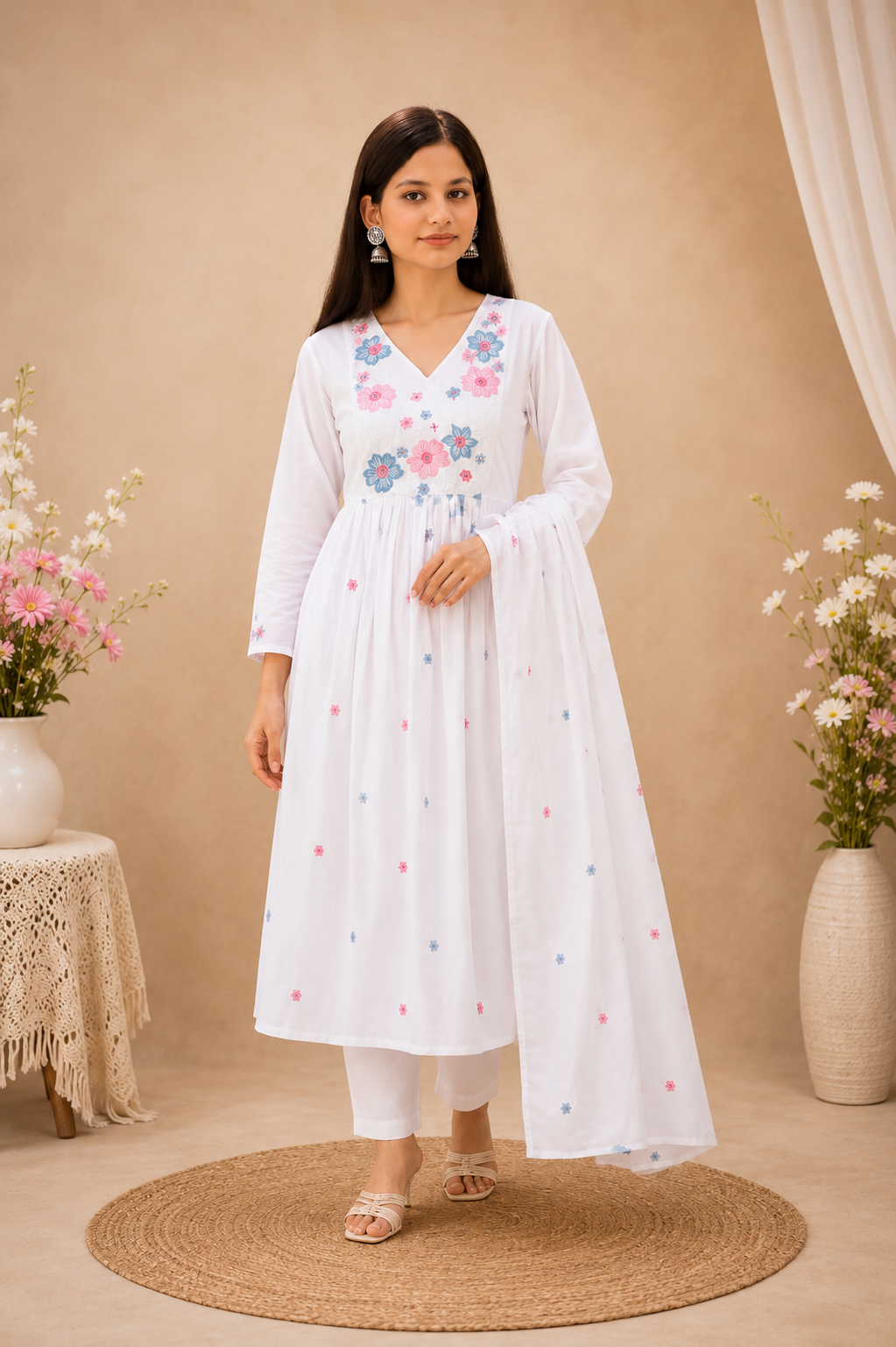 Ruaati Women Premium Mul Cotton White Floral Embroidered A Line Kurta Set with Dupatta