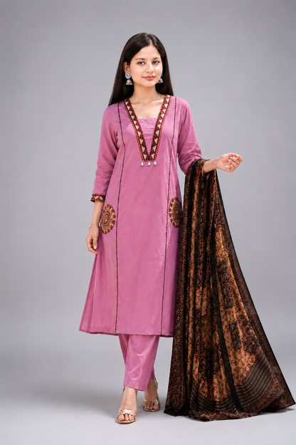 Ruaati Women Premium Cotton  Lavender Embroiderd Suit Set with Designer Dupatta