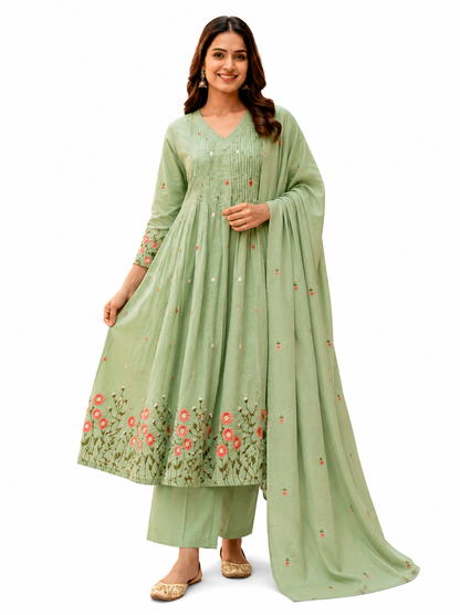 Ruaati Women's Mint Green Embroidered Mul Cotton A-Line Kurta Pant with Embroidered Dupatta | Floral Ethnic Suit Set | Festive & Casual Wear
