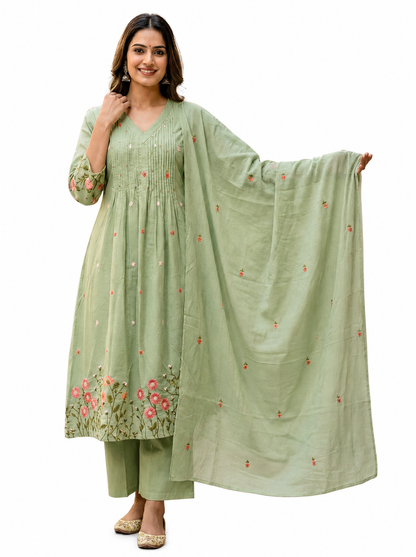 Ruaati Women's Mint Green Embroidered Mul Cotton A-Line Kurta Pant with Embroidered Dupatta | Floral Ethnic Suit Set | Festive & Casual Wear