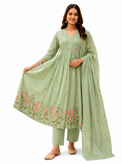 Ruaati Women's Mint Green Embroidered Mul Cotton A-Line Kurta Pant with Embroidered Dupatta | Floral Ethnic Suit Set | Festive & Casual Wear