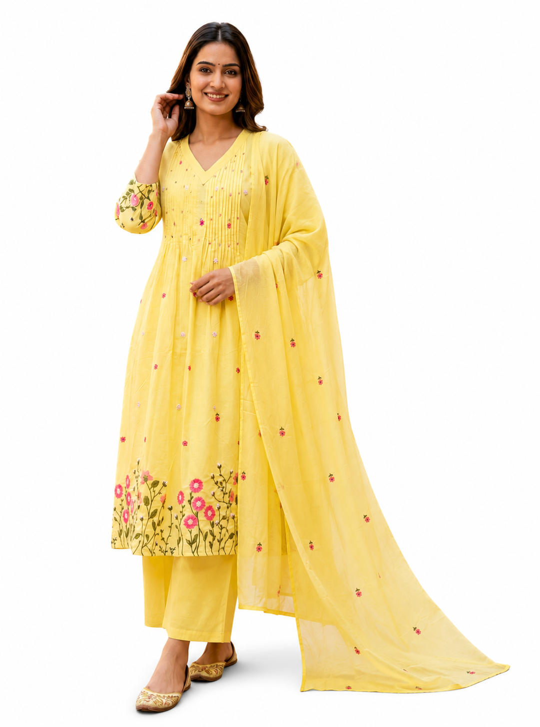 Ruaati Women's Lemon Yellow Embroidered Mul Cotton A-Line Kurta Pant with Embroidered Dupatta | Floral Ethnic Suit Set | Festive, Casual & Office Wear