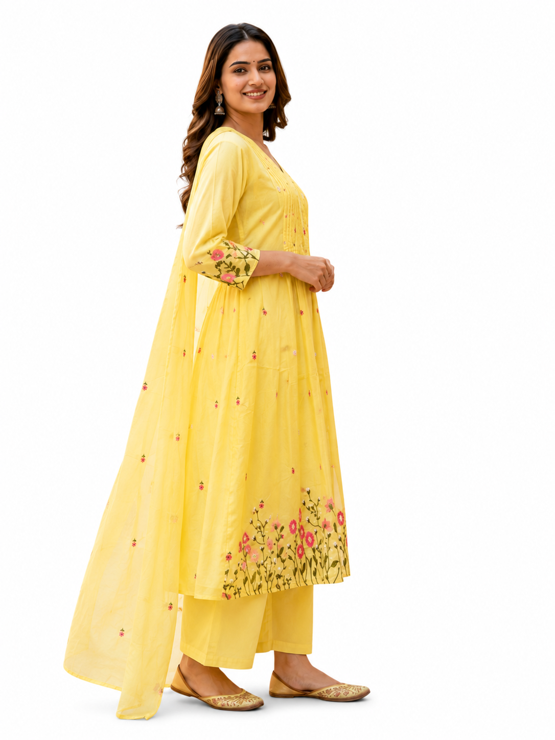 Ruaati Women's Lemon Yellow Embroidered Mul Cotton A-Line Kurta Pant with Embroidered Dupatta | Floral Ethnic Suit Set | Festive, Casual & Office Wear