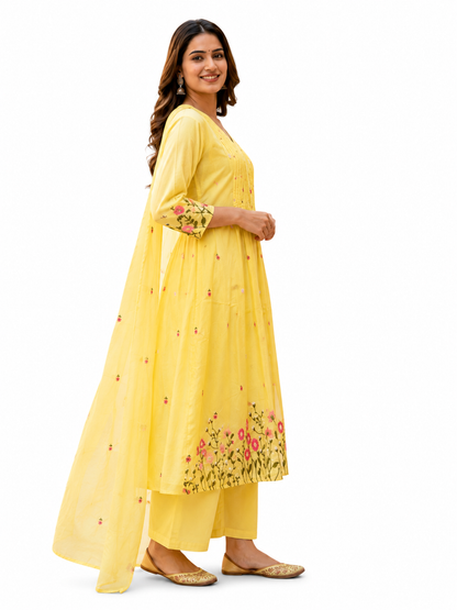 Ruaati Women's Lemon Yellow Embroidered Mul Cotton A-Line Kurta Pant with Embroidered Dupatta | Floral Ethnic Suit Set | Festive, Casual & Office Wear