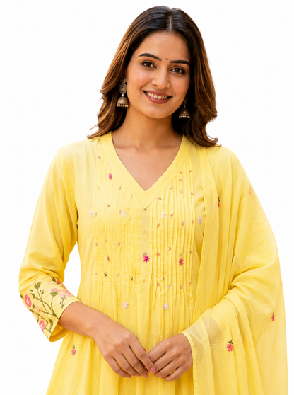 Ruaati Women's Lemon Yellow Embroidered Mul Cotton A-Line Kurta Pant with Embroidered Dupatta | Floral Ethnic Suit Set | Festive, Casual & Office Wear