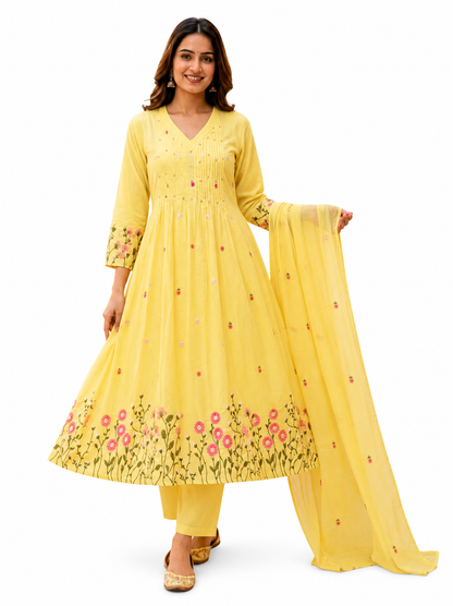 Ruaati Women's Lemon Yellow Embroidered Mul Cotton A-Line Kurta Pant with Embroidered Dupatta | Floral Ethnic Suit Set | Festive, Casual & Office Wear
