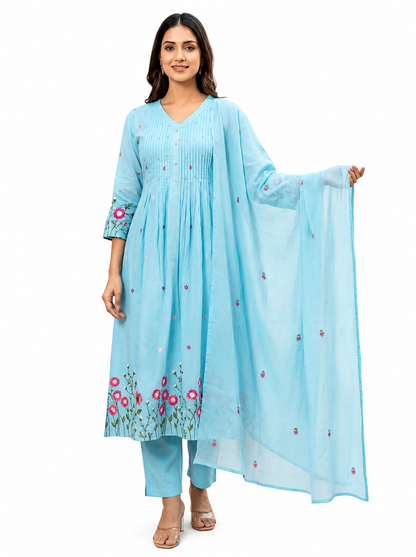 Ruaati Women's Sky Blue Embroidered Mul Cotton A-Line Kurta Pant with Embroidered Dupatta | Floral Ethnic Suit Set | Festive, Casual & Office Wear