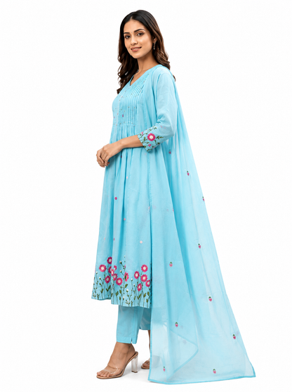 Ruaati Women's Sky Blue Embroidered Mul Cotton A-Line Kurta Pant with Embroidered Dupatta | Floral Ethnic Suit Set | Festive, Casual & Office Wear