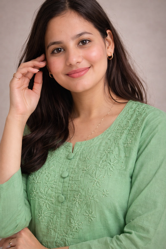 Ruaati Women Mul Cotton Green Chikankari Straight Kurta with Pant Set