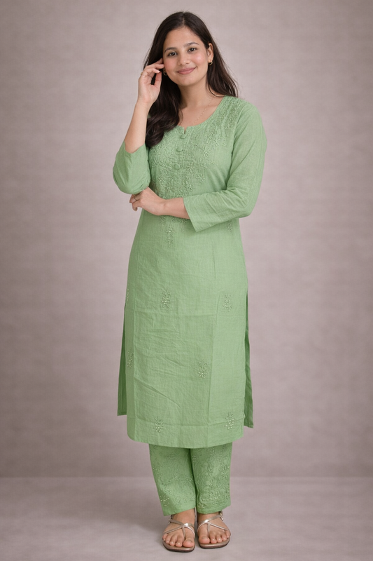 Ruaati Women Mul Cotton Green Chikankari Straight Kurta with Pant Set