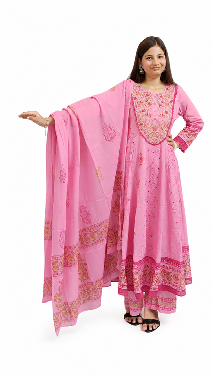 Ruaati Women Mul Cotton Elegant Pink Anarkali Embroidered Kurta Pant Set with Dupatta