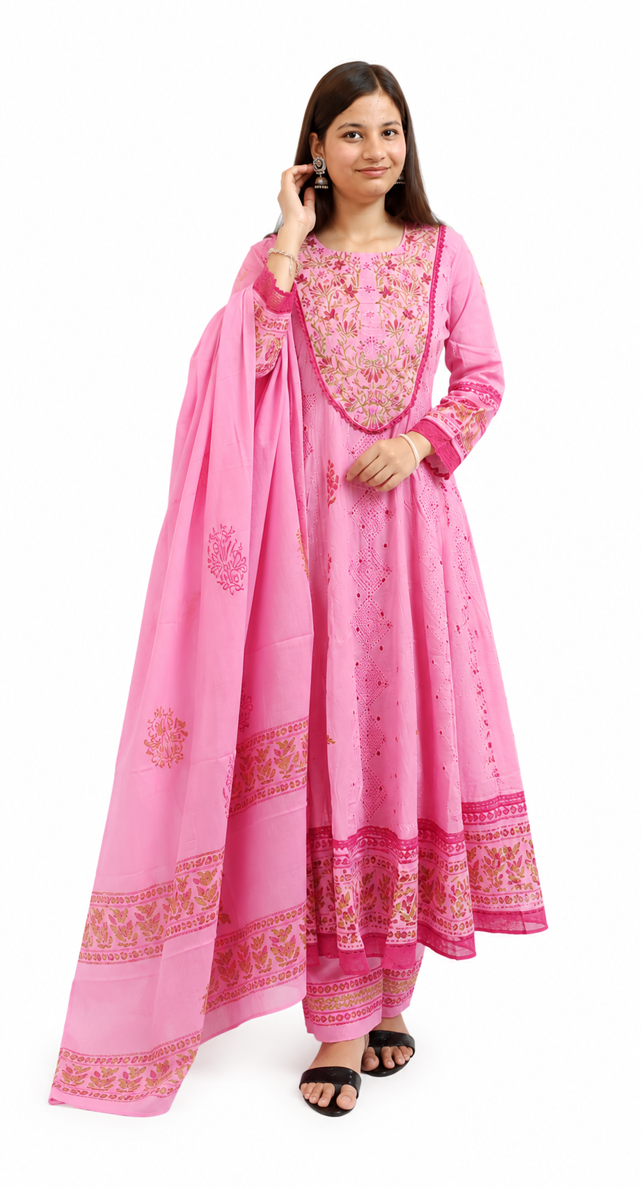 Ruaati Women Mul Cotton Elegant Pink Anarkali Embroidered Kurta Pant Set with Dupatta