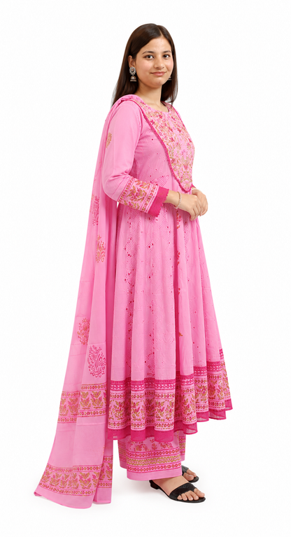Ruaati Women Mul Cotton Elegant Pink Anarkali Embroidered Kurta Pant Set with Dupatta