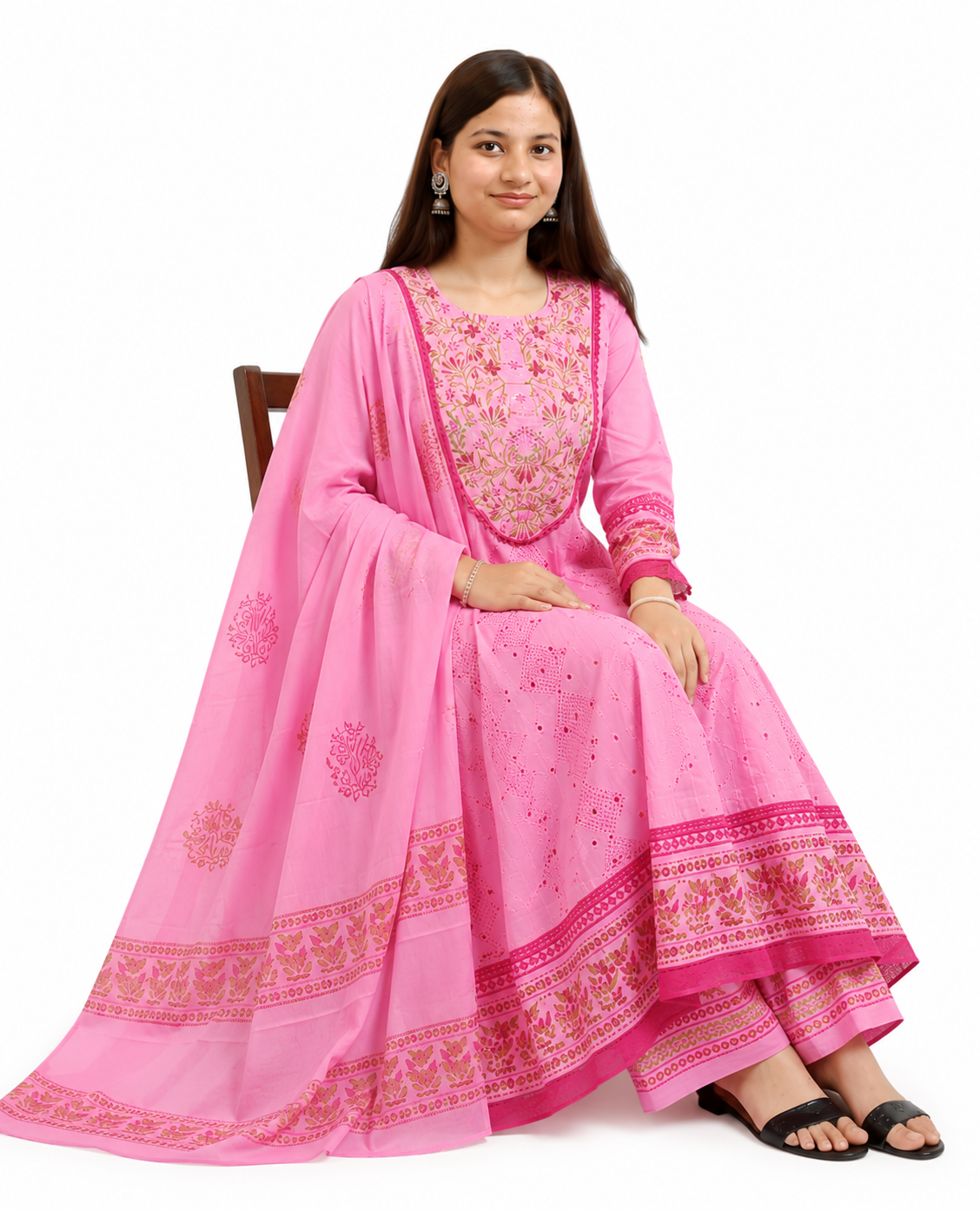 Ruaati Women Mul Cotton Elegant Pink Anarkali Embroidered Kurta Pant Set with Dupatta