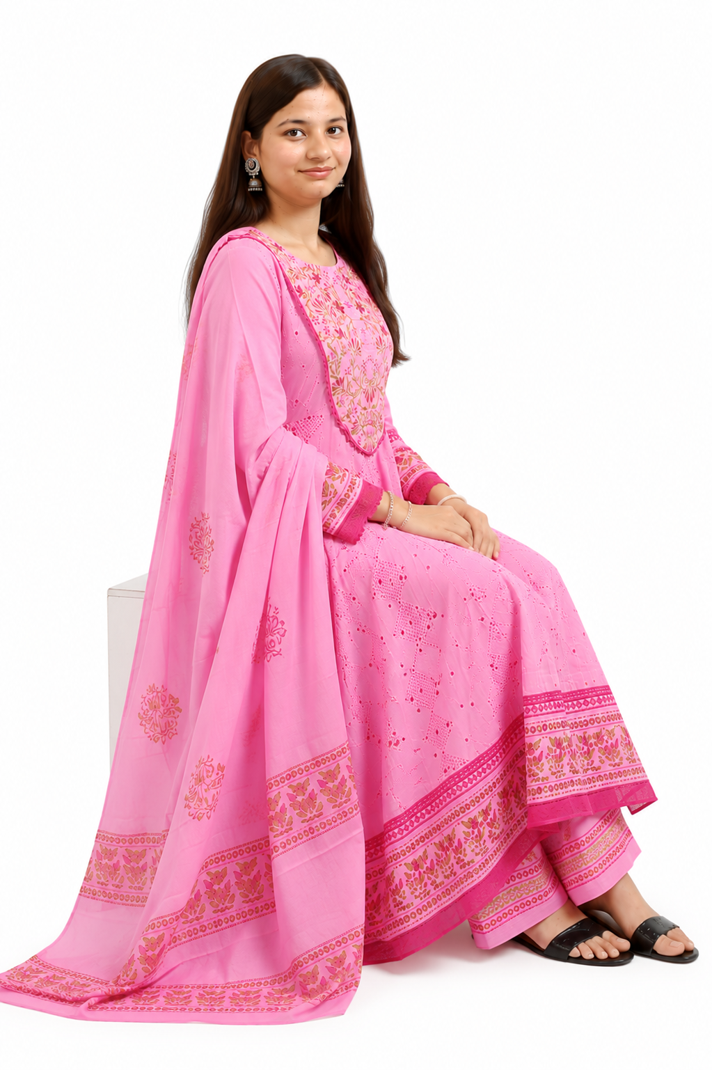 Ruaati Women Mul Cotton Elegant Pink Anarkali Embroidered Kurta Pant Set with Dupatta