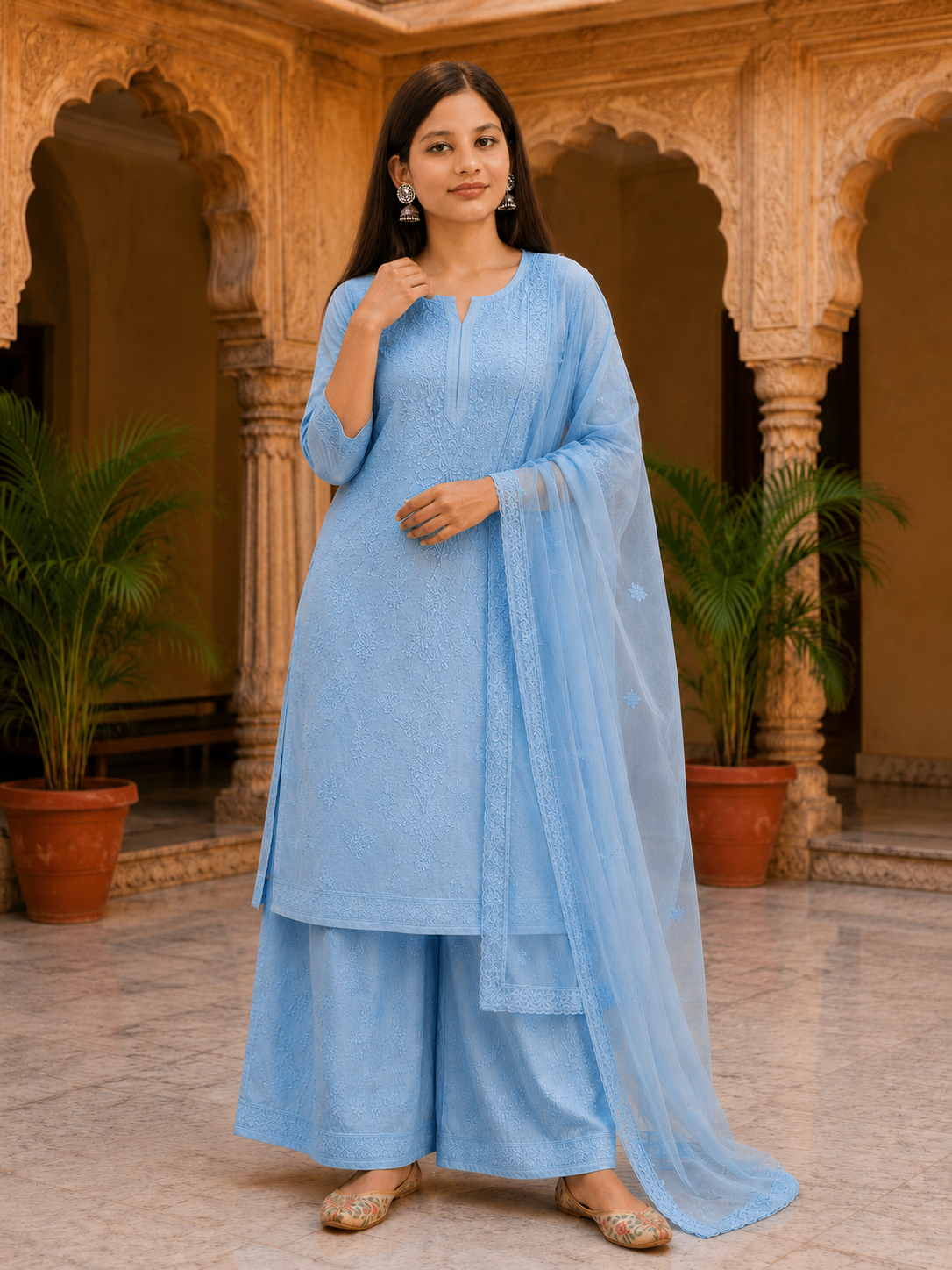 Ruaati Women Sky Blue Mul Chanderi Chickankari Palazzo Set with Dupatta
