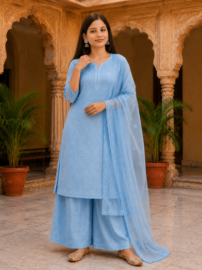 Ruaati Women Sky Blue Mul Chanderi Chickankari Palazzo Set with Dupatta