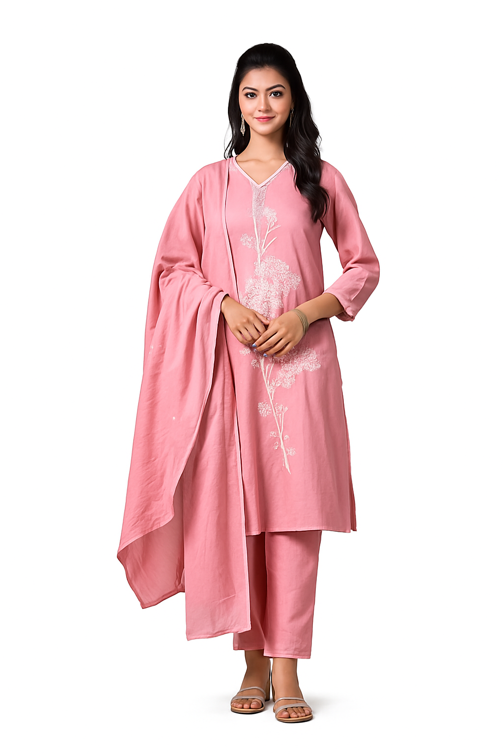 Women’s Pink Embroidered Cotton Kurta Set with Dupatta