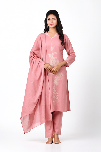 Women’s Pink Embroidered Cotton Kurta Set with Dupatta