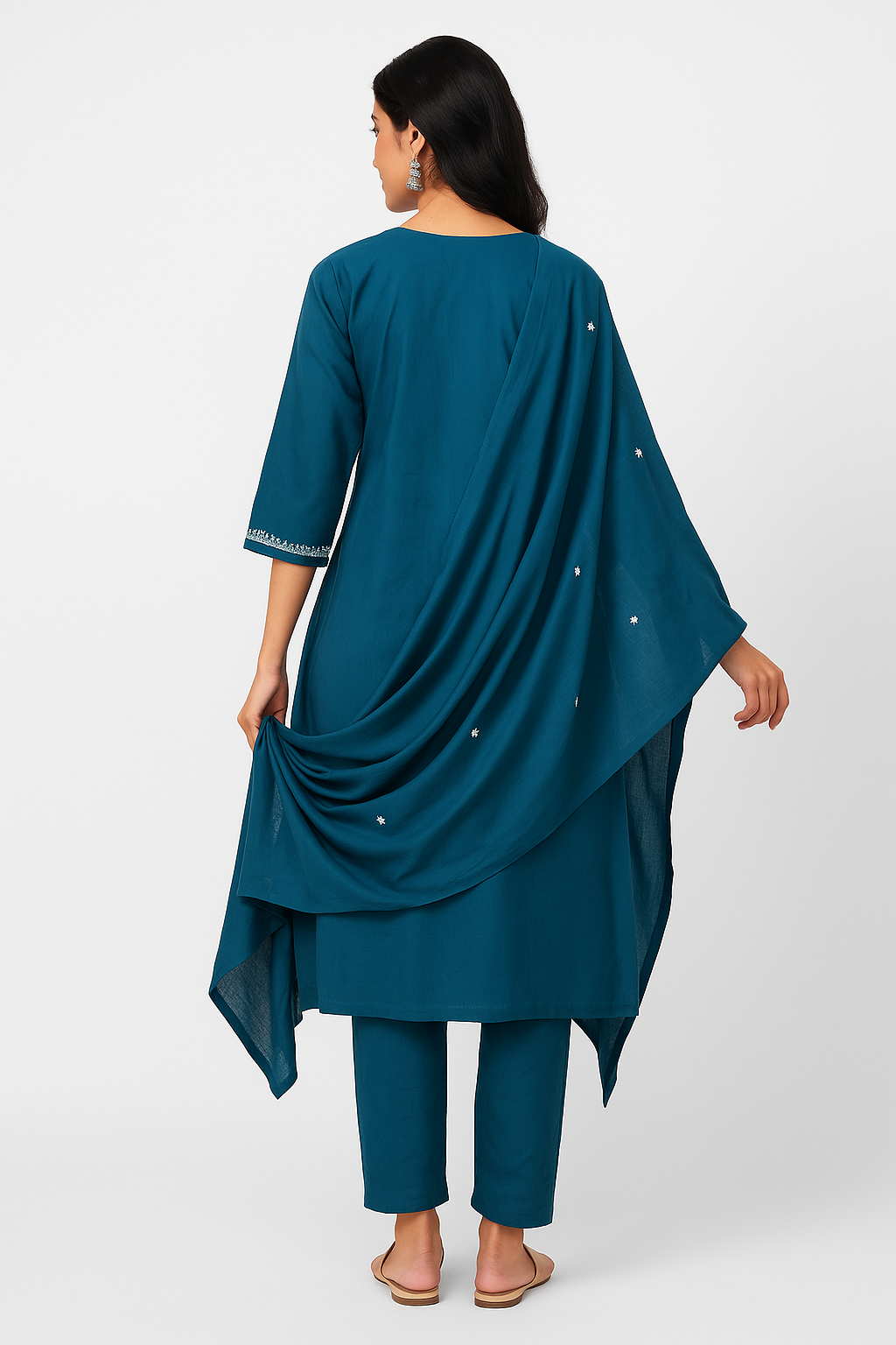 Women’s Teal Blue Embroidered Cotton Kurta Set with Dupatta