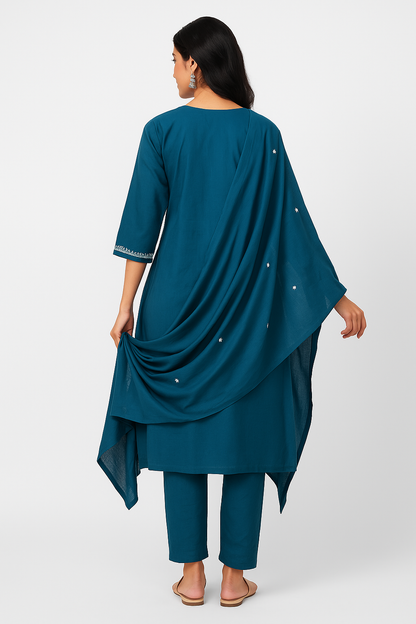 Women’s Teal Blue Embroidered Cotton Kurta Set with Dupatta