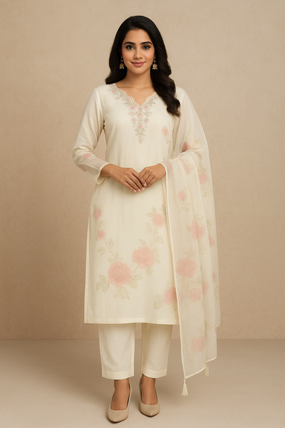Beautiful Cream Embroidered Suit Silk Fabric and Luxury 3-Piece Hand Stone and Embroidered worked Neck with Digital Print Organza Dupatta , Rich Quality Silk Fabric.